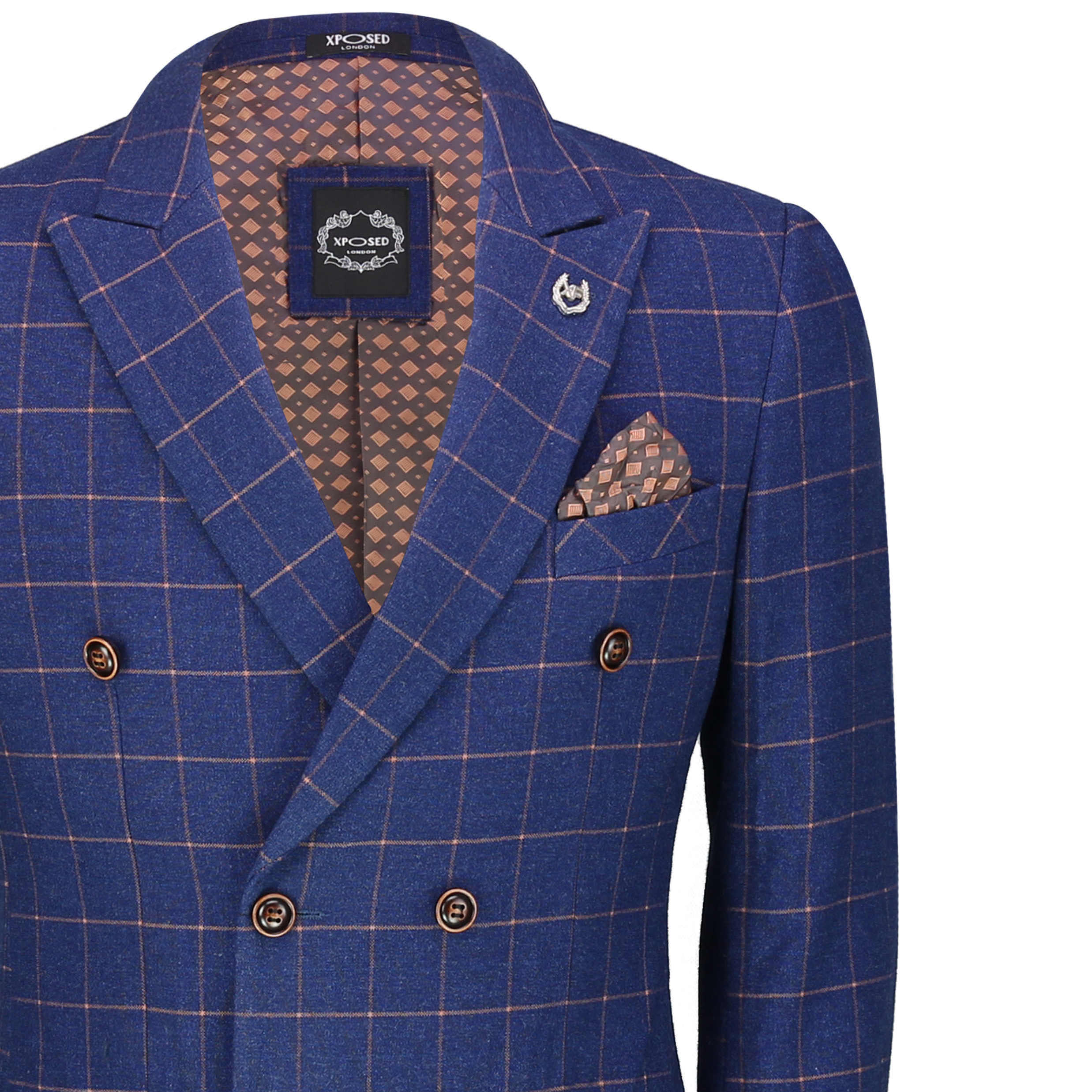 Mens Double Breasted Blazer Blue Windowpane Check Tailored Fit 